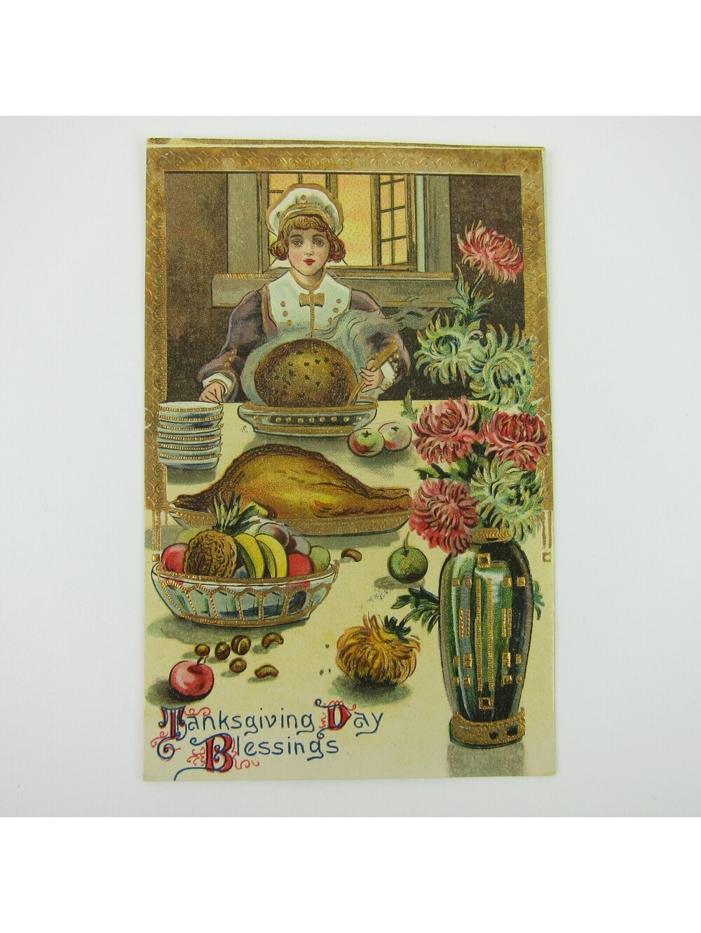 Thanksgiving Postcard Girl Maid Serves Meal Pink Flowers Gold Embossed Antique